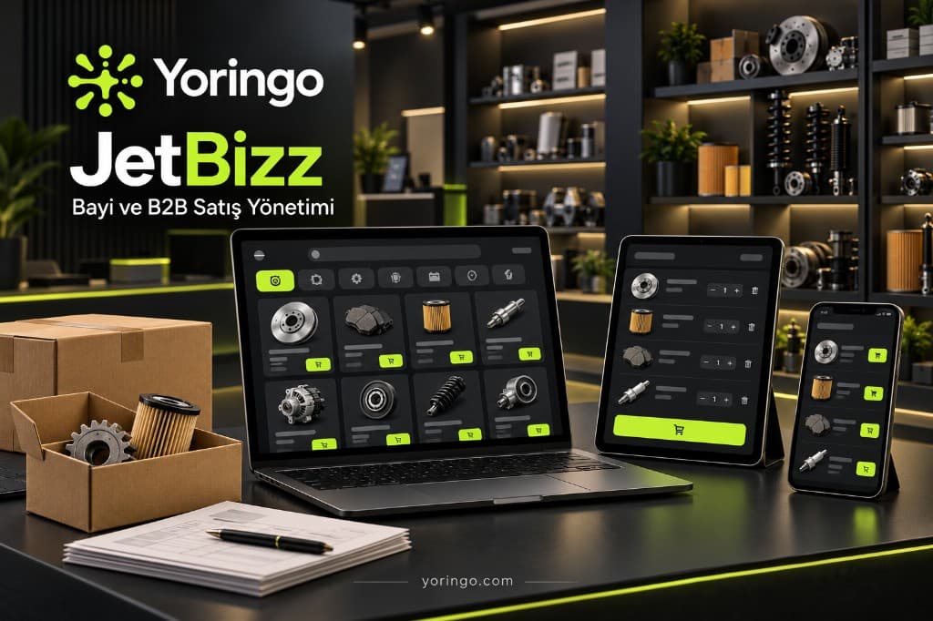 JetBizz bayi ve B2B satış ekranı: dizüstü, tablet ve telefonda ürün kataloğu