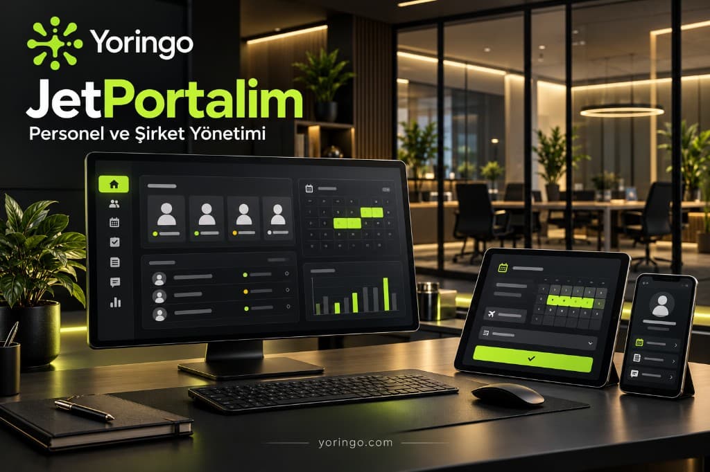 JetPortalim personel ekranı: masada monitör, tablet ve telefonda takvim ve ekip kartları