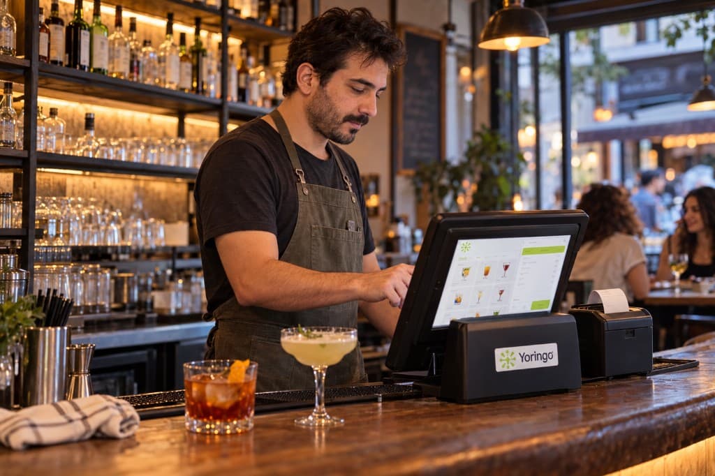 Barda Yoringo kasasında içecek siparişi giren barista, yanında fiş yazıcısı