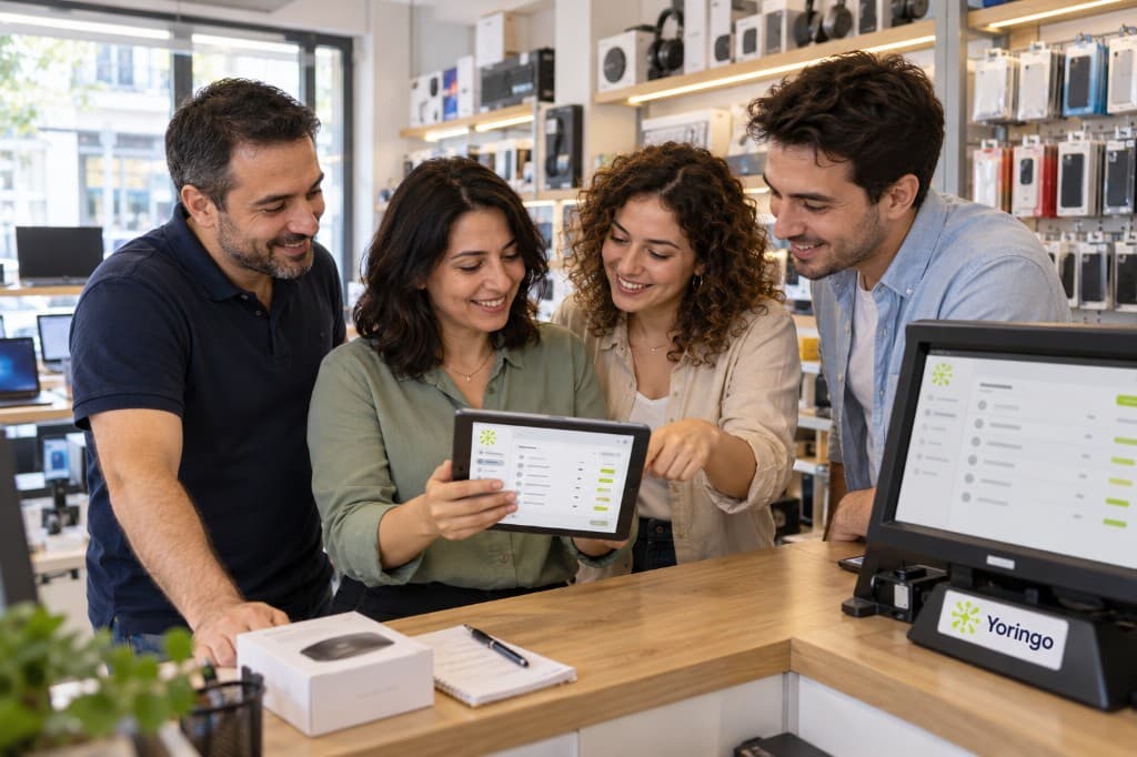 Mağazada tablette ürün listesine bakan ekip, yanda Yoringo kasa ekranı