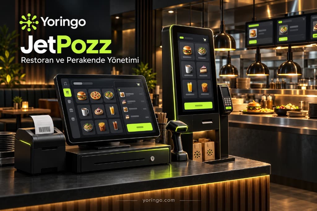 JetPozz restoran kasası: sipariş ekranı, self-servis terminali ve mutfak ekranları
