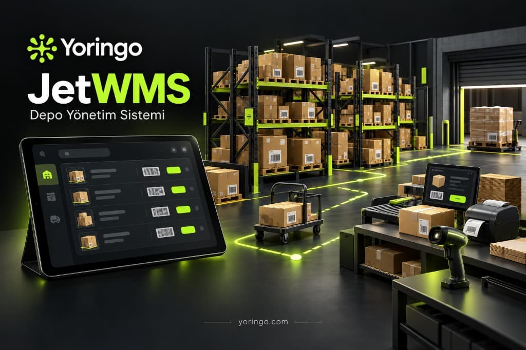 JetWMS depo yönetim sistemi: raftaki koliler, barkod ekranı, el terminali ve sevkiyat alanı