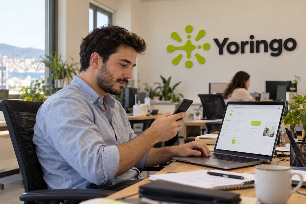 Yoringo ofisinde masasında telefon ve dizüstü ile çalışan biri, duvarda Yoringo logosu